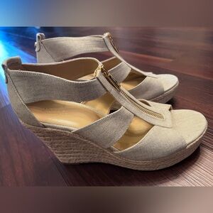 Michael Kors neutral wedge sandal heels with gold zip detail size 9.5